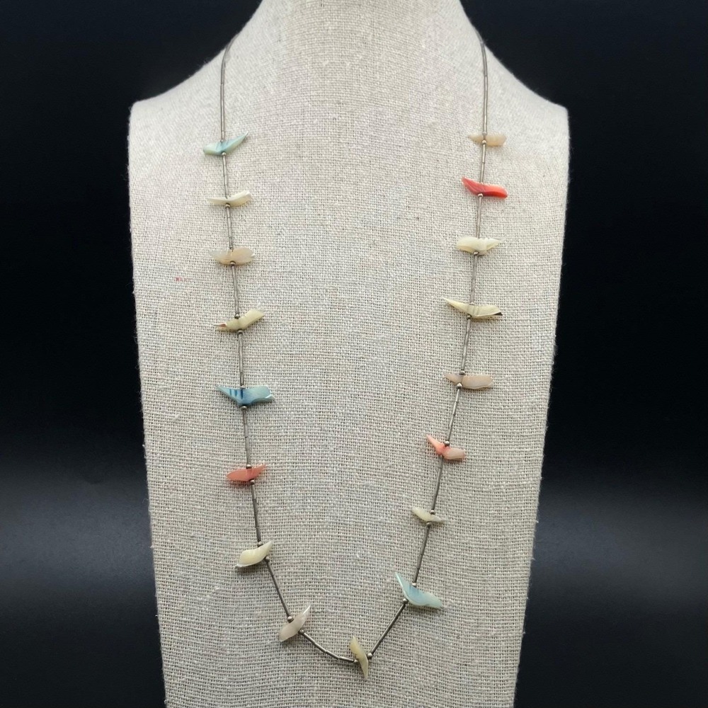Artisan Liquid Sterling Heishi Beads Mother of Pearl Bird Fetish Necklace 24"